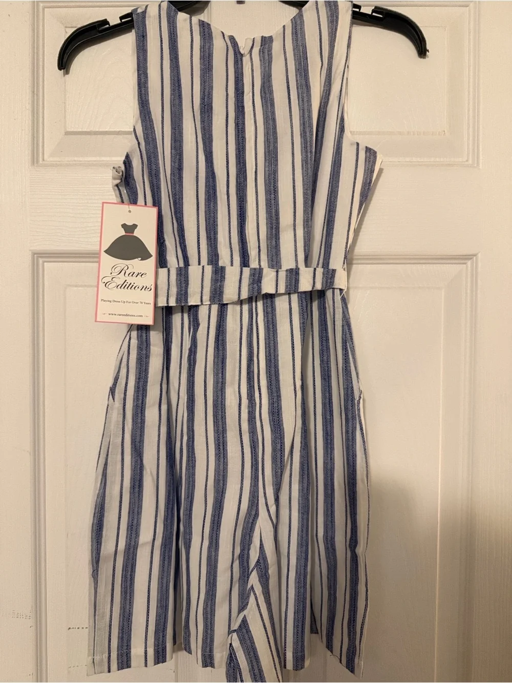 Rare Editions Blue and White Striped Sleeveless Dress with Tie Waist